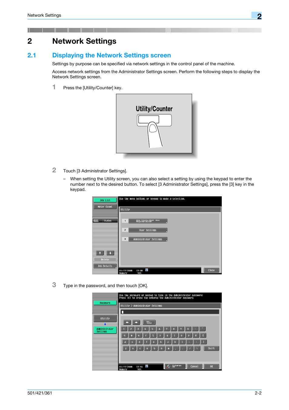 2 network settings, 1 displaying the network settings screen, Network settings | Displaying the network settings screen -2, Refer to, Displaying the network settings, 2network settings | Konica Minolta bizhub 501 User Manual | Page 203 / 233