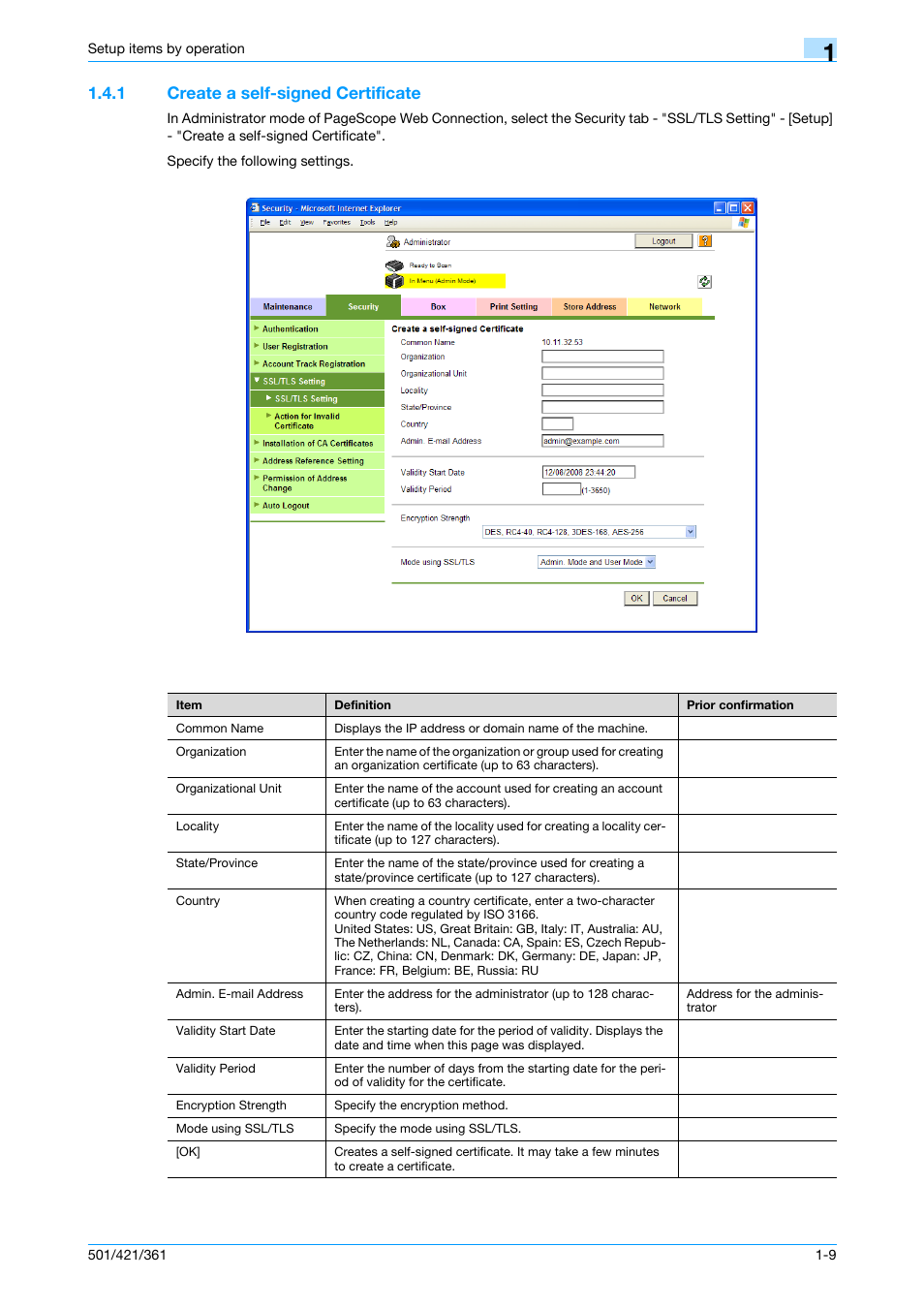 1 create a self-signed certificate, Create a self-signed certificate -9, Create a self-signed certificate | Konica Minolta bizhub 501 User Manual | Page 22 / 233