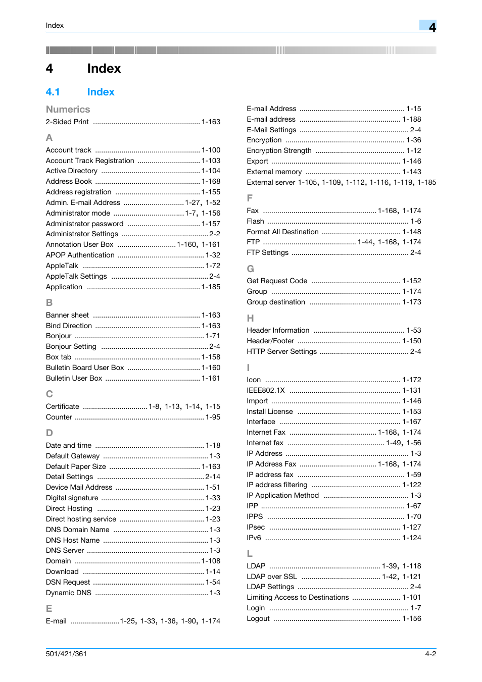 4 index, 1 index, Index | Index -2, Chapter 4 index, 4index | Konica Minolta bizhub 501 User Manual | Page 230 / 233