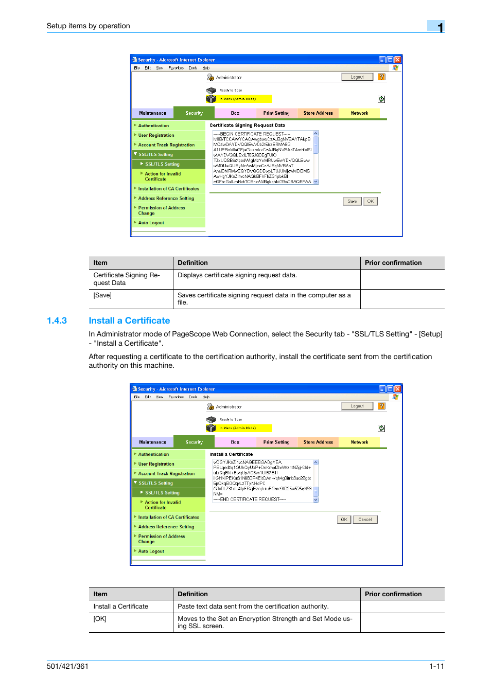 3 install a certificate, Install a certificate -11, Install a certificate | Konica Minolta bizhub 501 User Manual | Page 24 / 233