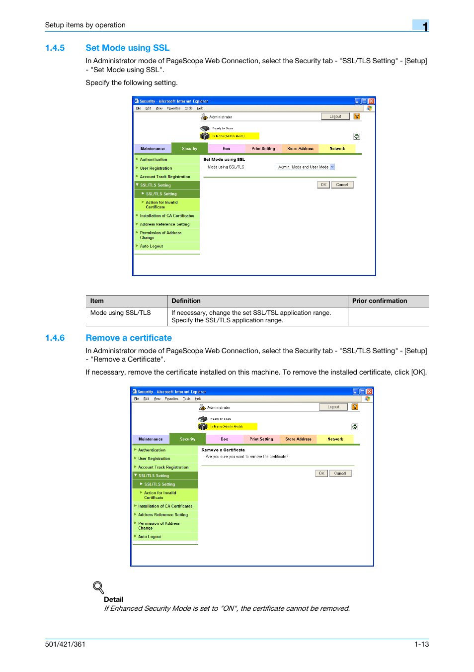 5 set mode using ssl, 6 remove a certificate, Set mode using ssl -13 | Remove a certificate -13, Set mode using ssl | Konica Minolta bizhub 501 User Manual | Page 26 / 233