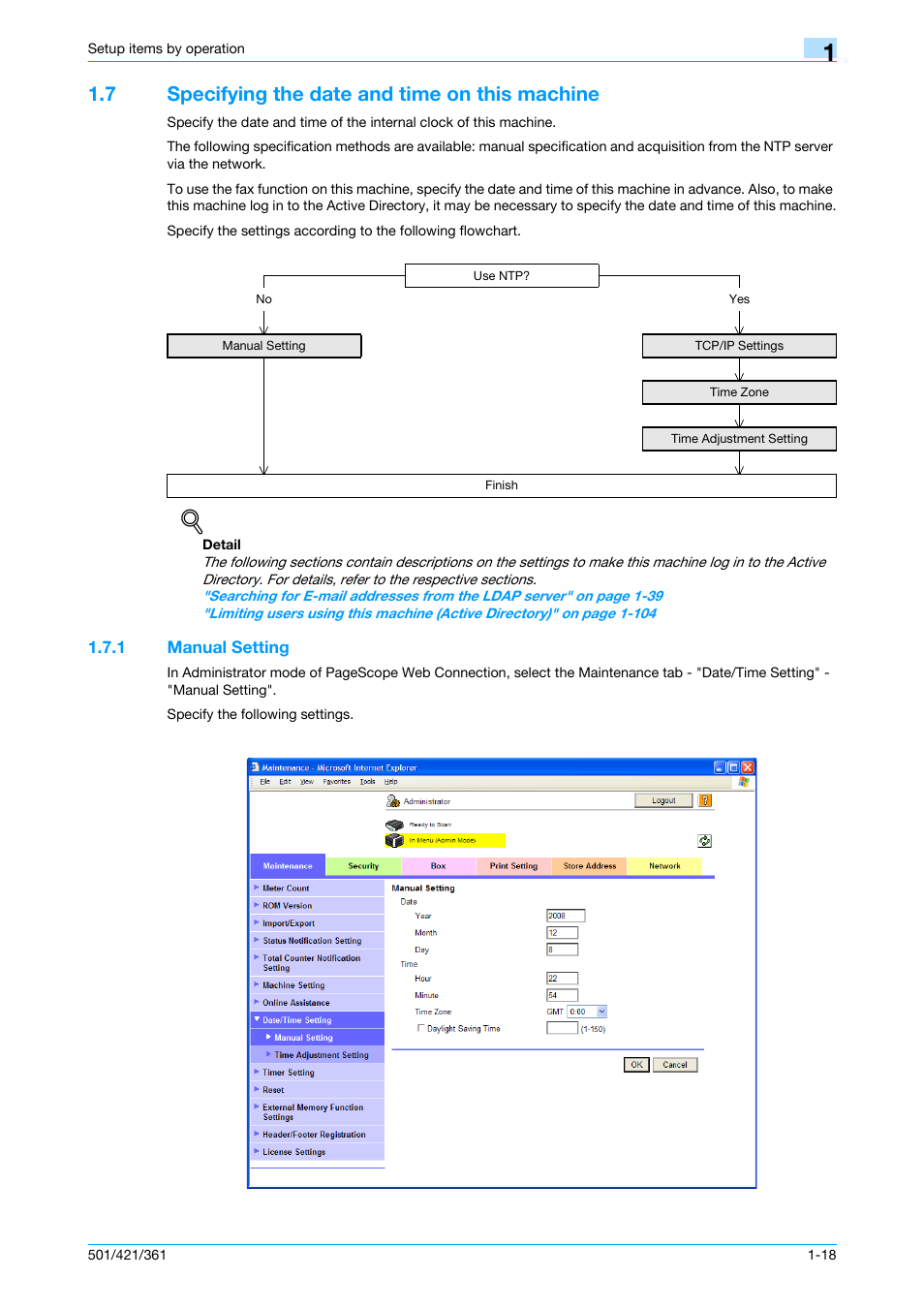 7 specifying the date and time on this machine, 1 manual setting, Specifying the date and time on this machine -18 | Manual setting -18 | Konica Minolta bizhub 501 User Manual | Page 31 / 233