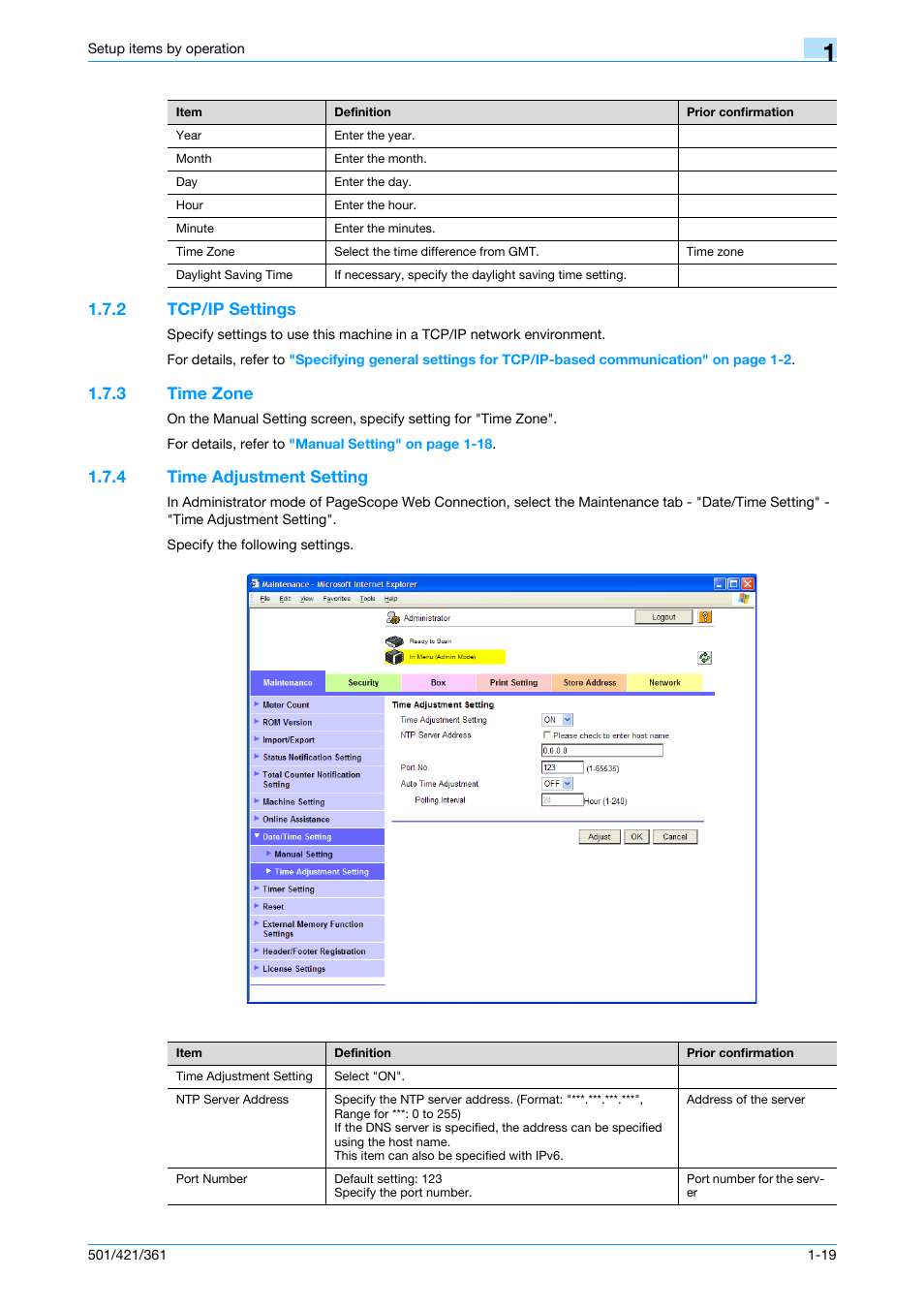 2 tcp/ip settings, 3 time zone, 4 time adjustment setting | Tcp/ip settings -19, Time zone -19, Time adjustment setting -19, Tcp/ip settings, Time zone, Time adjustment setting | Konica Minolta bizhub 501 User Manual | Page 32 / 233