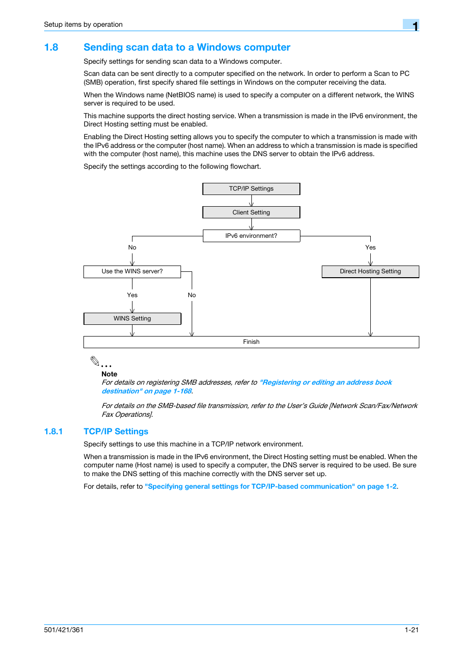 8 sending scan data to a windows computer, 1 tcp/ip settings, Sending scan data to a windows computer -21 | Tcp/ip settings -21 | Konica Minolta bizhub 501 User Manual | Page 34 / 233