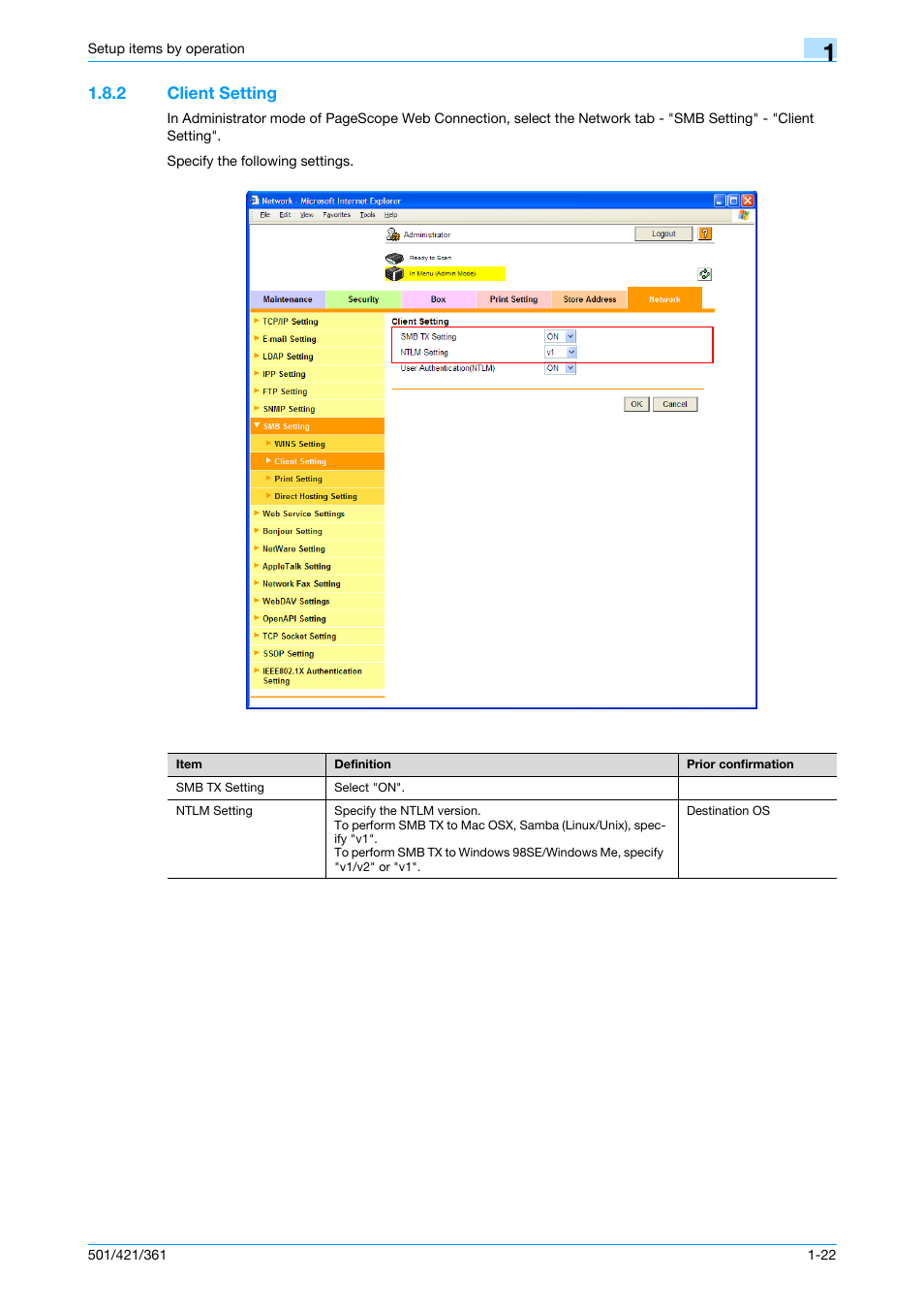 2 client setting, Client setting -22, Client setting | Konica Minolta bizhub 501 User Manual | Page 35 / 233