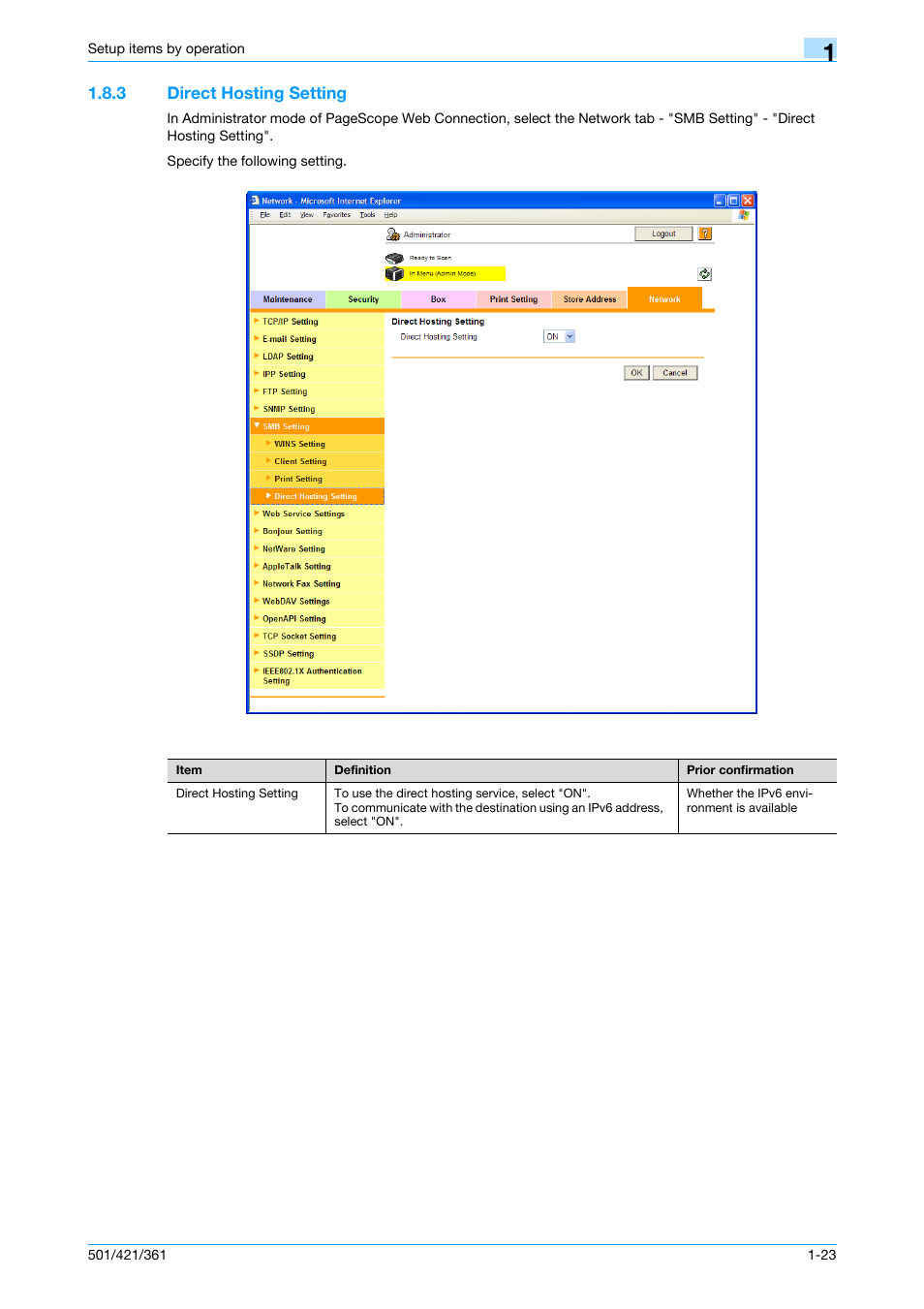 3 direct hosting setting, Direct hosting setting -23, Direct hosting setting | Konica Minolta bizhub 501 User Manual | Page 36 / 233