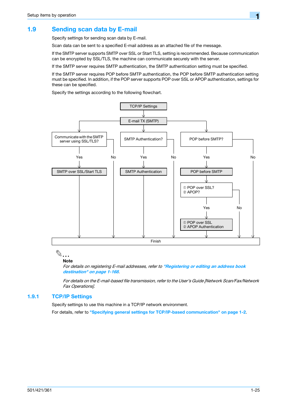 9 sending scan data by e-mail, 1 tcp/ip settings, Sending scan data by e-mail -25 | Tcp/ip settings -25 | Konica Minolta bizhub 501 User Manual | Page 38 / 233