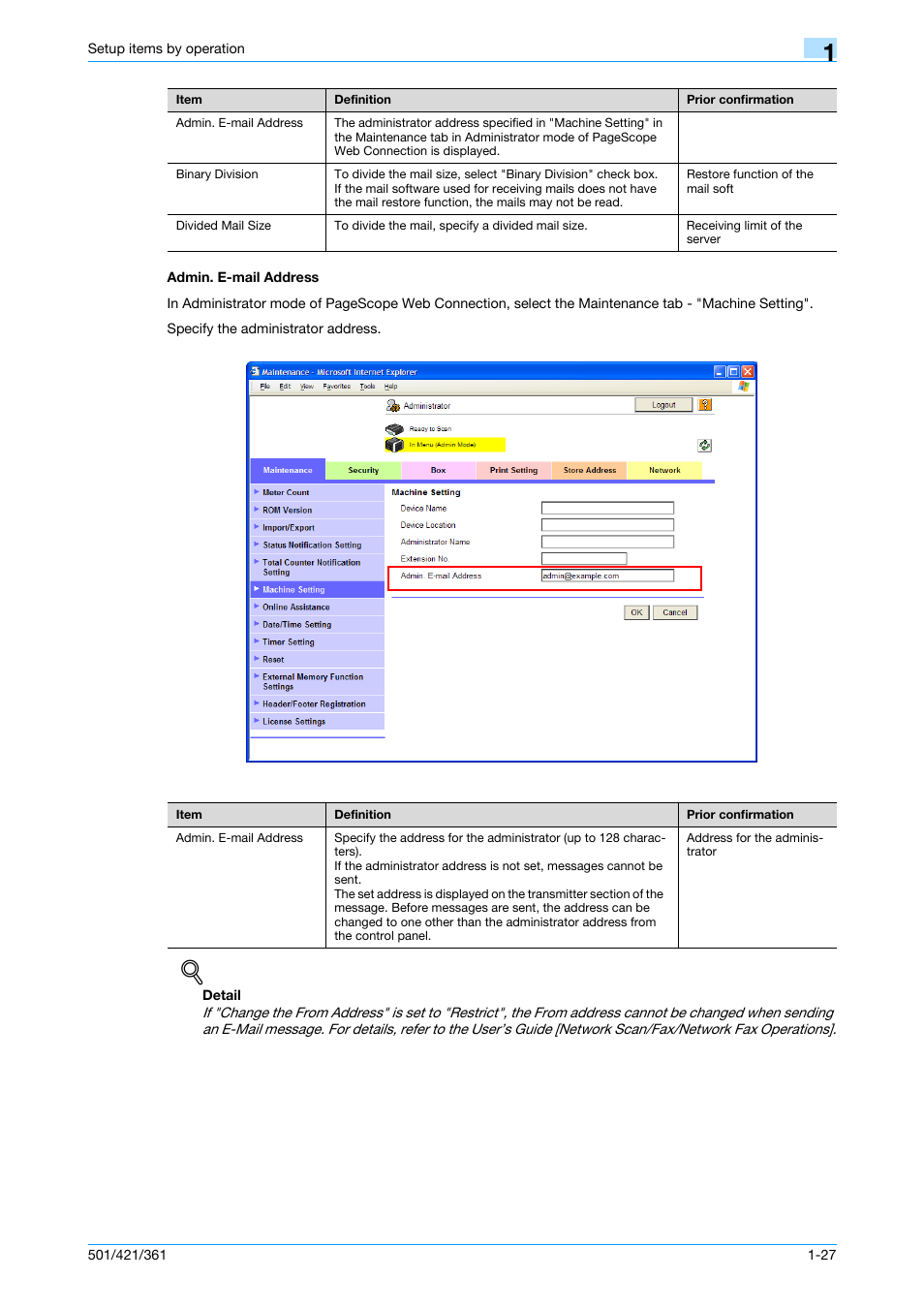 Admin. e-mail address, Admin. e-mail address -27 | Konica Minolta bizhub 501 User Manual | Page 40 / 233