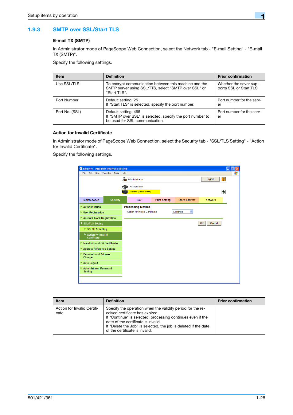 3 smtp over ssl/start tls, E-mail tx (smtp), Action for invalid certificate | Smtp over ssl/start tls | Konica Minolta bizhub 501 User Manual | Page 41 / 233