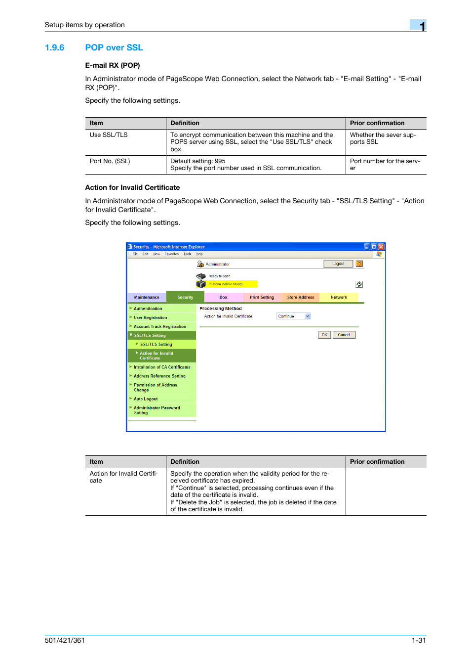 6 pop over ssl, E-mail rx (pop), Action for invalid certificate | Pop over ssl | Konica Minolta bizhub 501 User Manual | Page 44 / 233