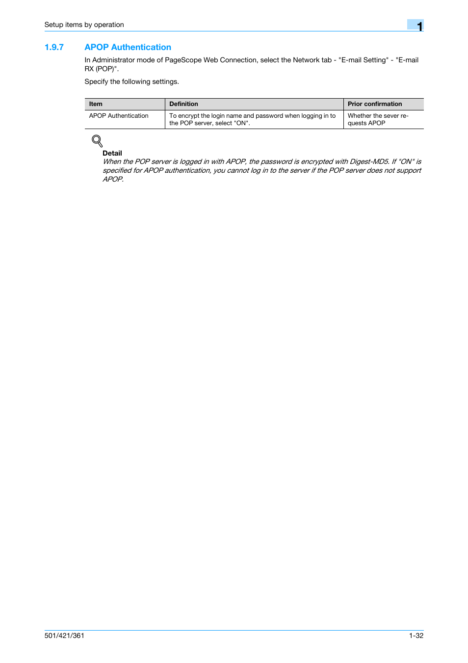 7 apop authentication, Apop authentication -32, Apop authentication | Konica Minolta bizhub 501 User Manual | Page 45 / 233