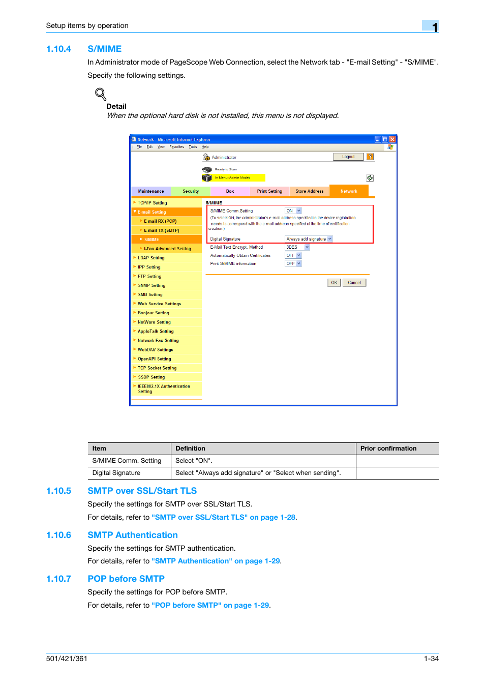 4 s/mime, 5 smtp over ssl/start tls, 6 smtp authentication | 7 pop before smtp, S/mime -34, Smtp over ssl/start tls -34, Smtp authentication -34, Pop before smtp -34, S/mime, Smtp over ssl/start tls | Konica Minolta bizhub 501 User Manual | Page 47 / 233