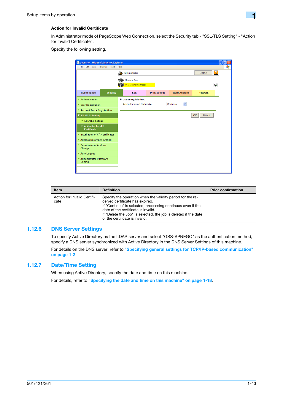 Action for invalid certificate, 6 dns server settings, 7 date/time setting | Action for invalid certificate -43, Dns server settings -43, Date/time setting -43, Dns server settings, Date/time setting | Konica Minolta bizhub 501 User Manual | Page 56 / 233