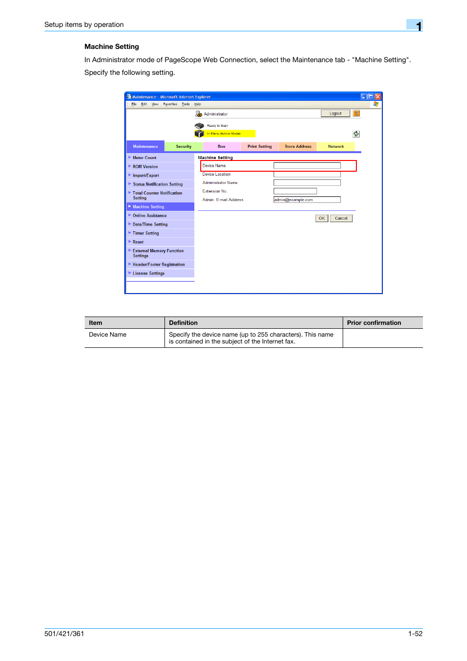 Machine setting, Machine setting -52 | Konica Minolta bizhub 501 User Manual | Page 65 / 233