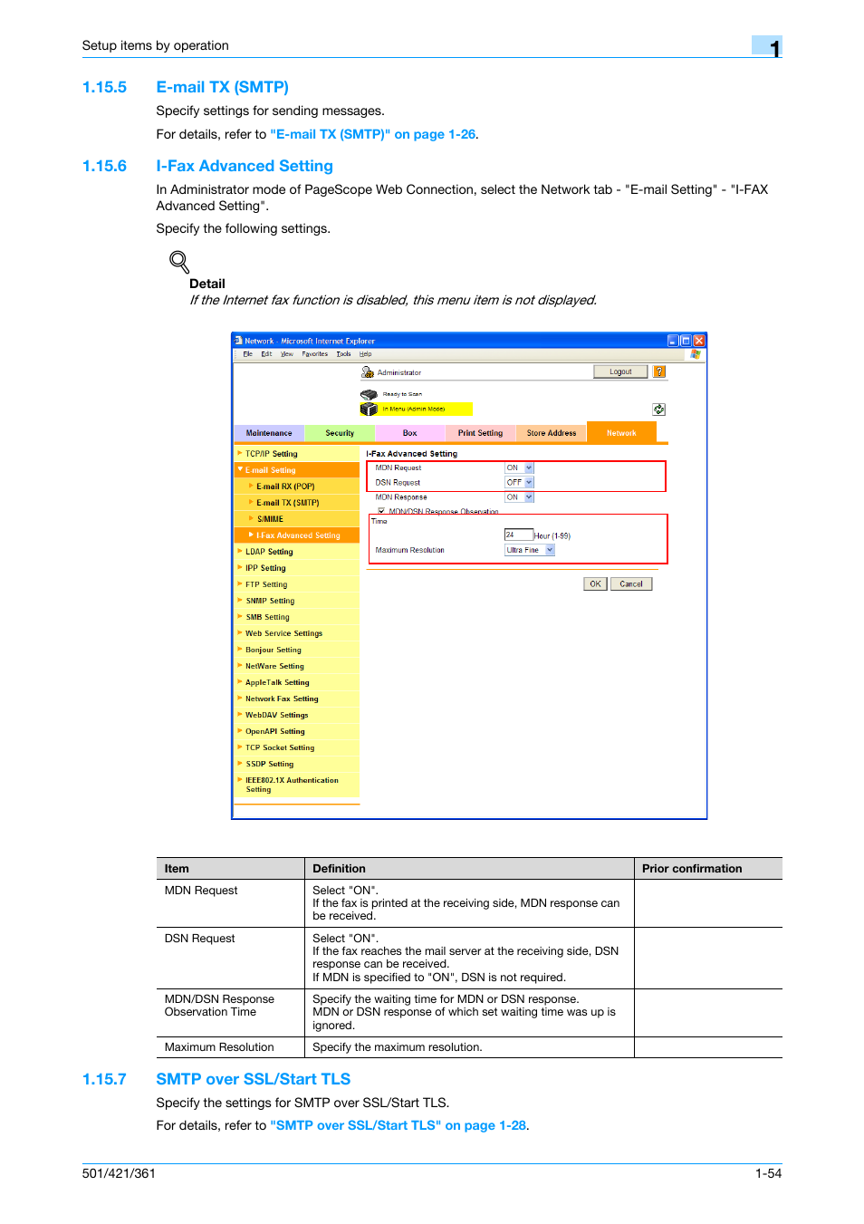 5 e-mail tx (smtp), 6 i-fax advanced setting, 7 smtp over ssl/start tls | E-mail tx (smtp) -54, I-fax advanced setting -54, Smtp over ssl/start tls -54, E-mail tx (smtp), I-fax advanced setting, Smtp over ssl/start tls | Konica Minolta bizhub 501 User Manual | Page 67 / 233