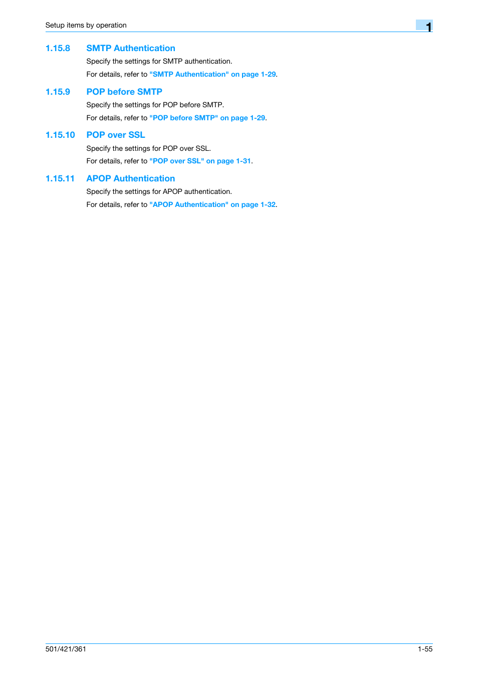 8 smtp authentication, 9 pop before smtp, 10 pop over ssl | 11 apop authentication, Smtp authentication -55, Pop before smtp -55, Pop over ssl -55, Apop authentication -55, Smtp authentication, Pop before smtp | Konica Minolta bizhub 501 User Manual | Page 68 / 233