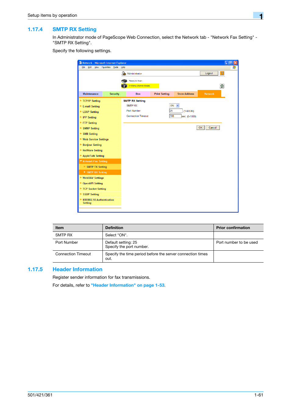 4 smtp rx setting, 5 header information, Smtp rx setting -61 | Header information -61, Smtp rx setting, Header information | Konica Minolta bizhub 501 User Manual | Page 74 / 233