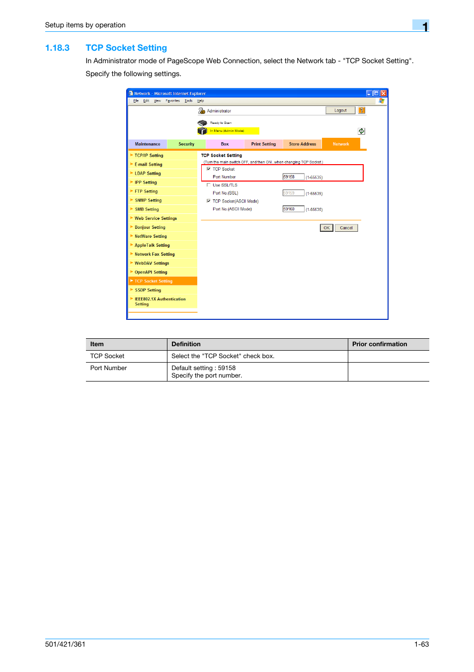 3 tcp socket setting, Tcp socket setting -63, Tcp socket setting | Konica Minolta bizhub 501 User Manual | Page 76 / 233