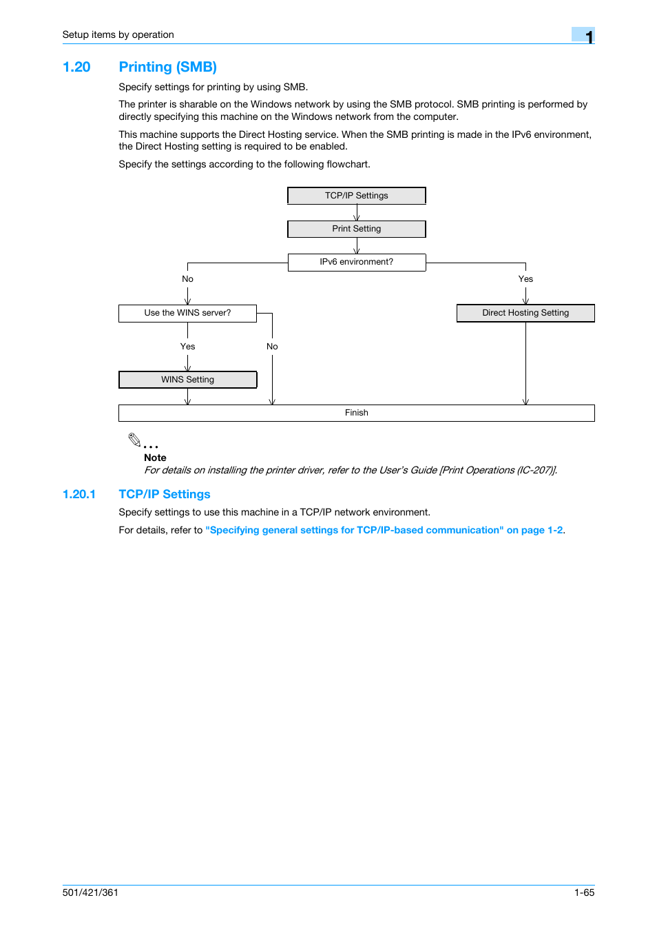 20 printing (smb), 1 tcp/ip settings, Printing (smb) -65 | Tcp/ip settings -65 | Konica Minolta bizhub 501 User Manual | Page 78 / 233