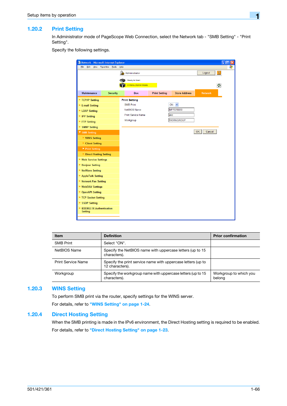 2 print setting, 3 wins setting, 4 direct hosting setting | Print setting -66, Wins setting -66, Direct hosting setting -66, Print setting, Direct hosting setting | Konica Minolta bizhub 501 User Manual | Page 79 / 233