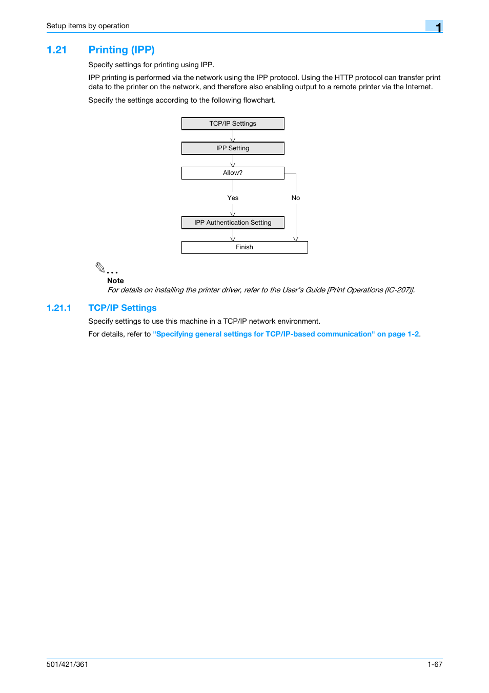 21 printing (ipp), 1 tcp/ip settings, Printing (ipp) -67 | Tcp/ip settings -67 | Konica Minolta bizhub 501 User Manual | Page 80 / 233