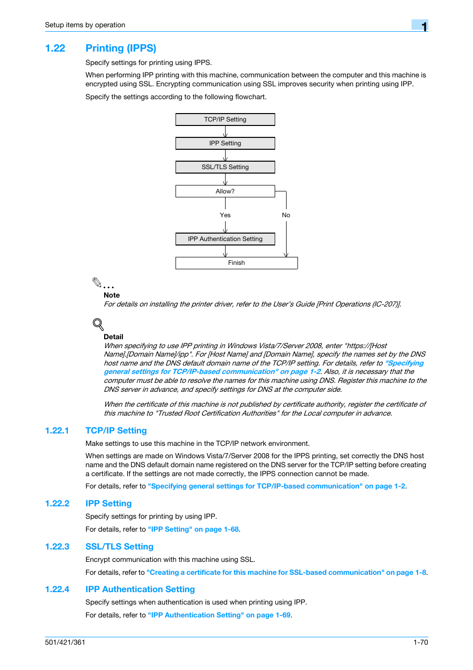 22 printing (ipps), 1 tcp/ip setting, 2 ipp setting | 3 ssl/tls setting, 4 ipp authentication setting, Printing (ipps) -70, Tcp/ip setting -70, Ipp setting -70, Ssl/tls setting -70, Ipp authentication setting -70 | Konica Minolta bizhub 501 User Manual | Page 83 / 233