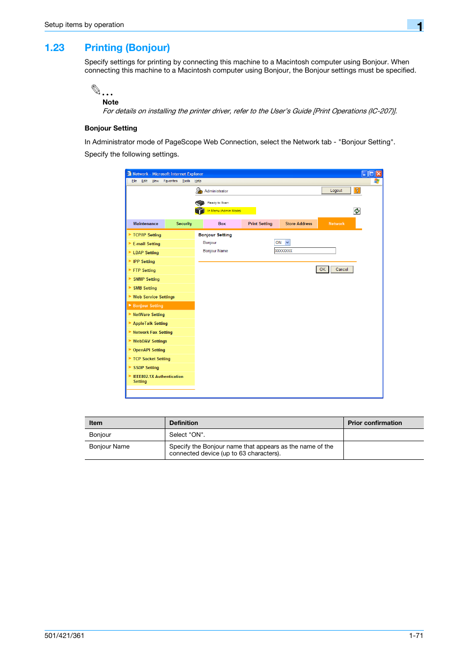 23 printing (bonjour), Bonjour setting, Printing (bonjour) -71 bonjour setting -71 | Konica Minolta bizhub 501 User Manual | Page 84 / 233