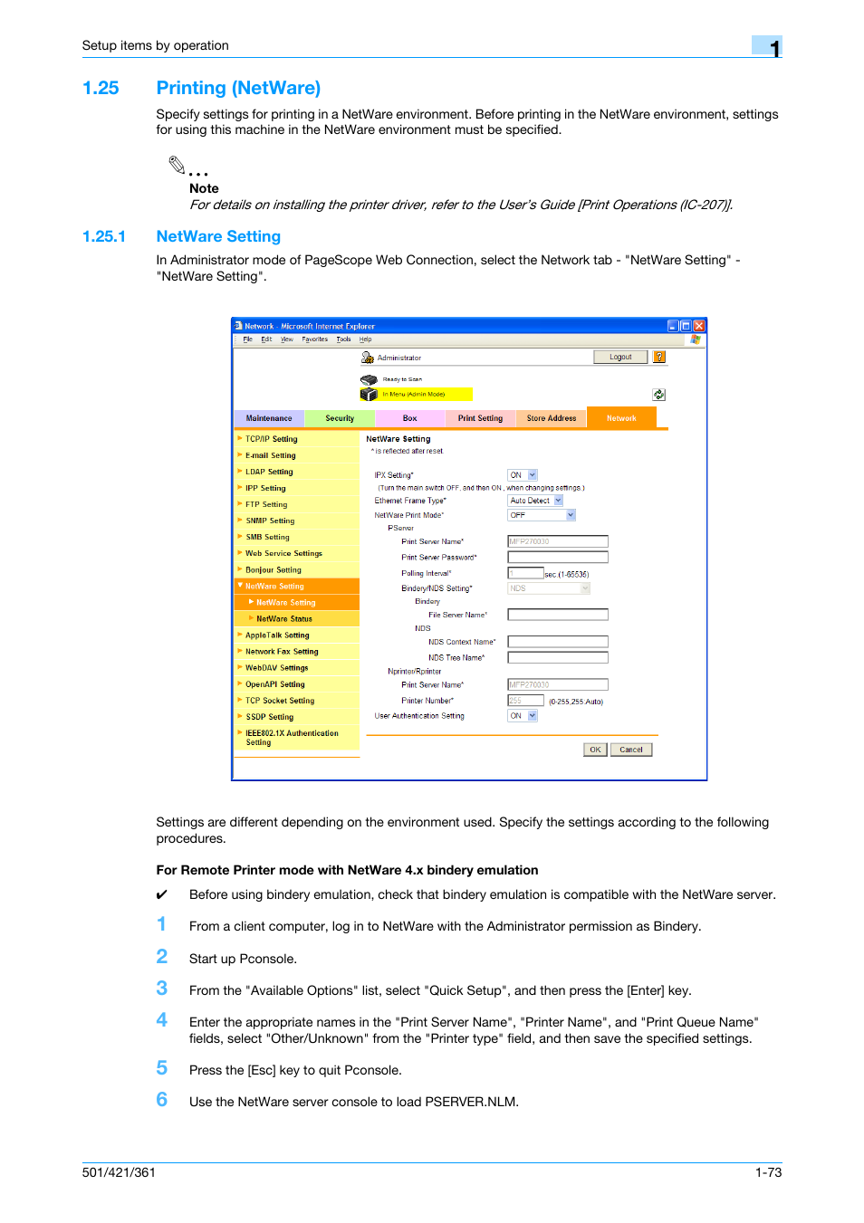 25 printing (netware), 1 netware setting, Printing (netware) -73 | Konica Minolta bizhub 501 User Manual | Page 86 / 233