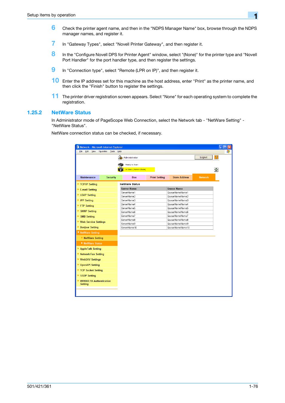 2 netware status, Netware status -76 | Konica Minolta bizhub 501 User Manual | Page 89 / 233