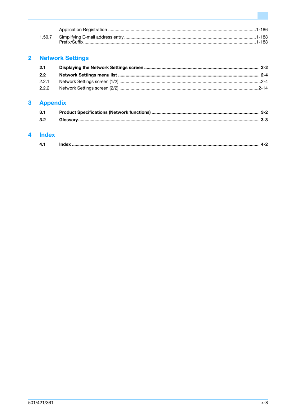 2network settings, 3appendix, 4index | Konica Minolta bizhub 501 User Manual | Page 9 / 233