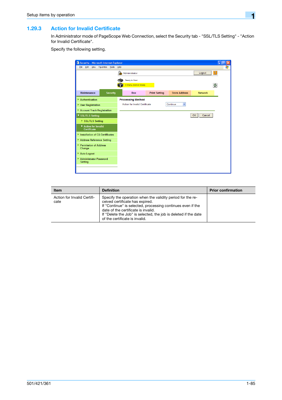 3 action for invalid certificate, Action for invalid certificate -85, Action for invalid certificate | Konica Minolta bizhub 501 User Manual | Page 98 / 233