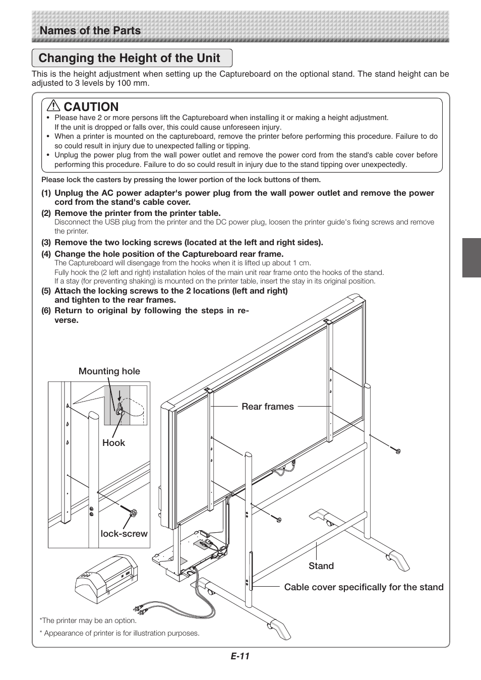 Changing the height of the unit, Caution, Names of the parts | Konica Minolta magicolor plus User Manual | Page 11 / 37