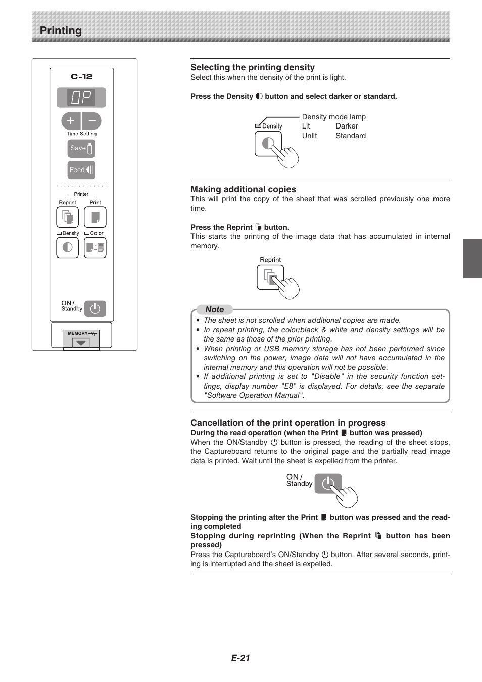 Selecting the printing density, Making additional copies, Cancellation of the print operation in progress | Printing | Konica Minolta magicolor plus User Manual | Page 21 / 37