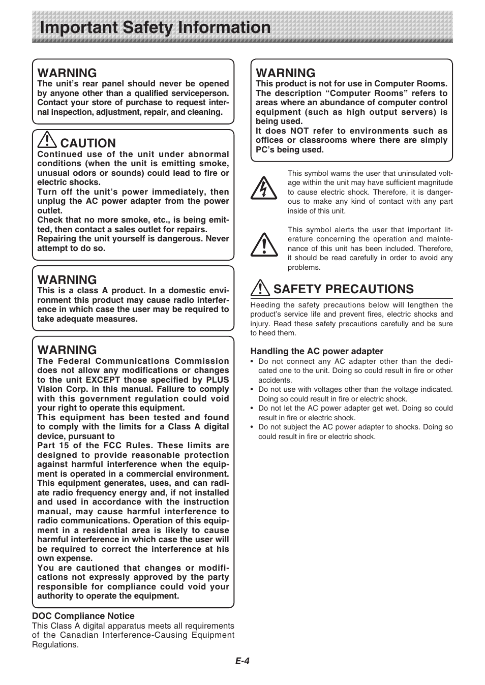 Important safety information, Safety precautions, Warning | Caution | Konica Minolta magicolor plus User Manual | Page 4 / 37