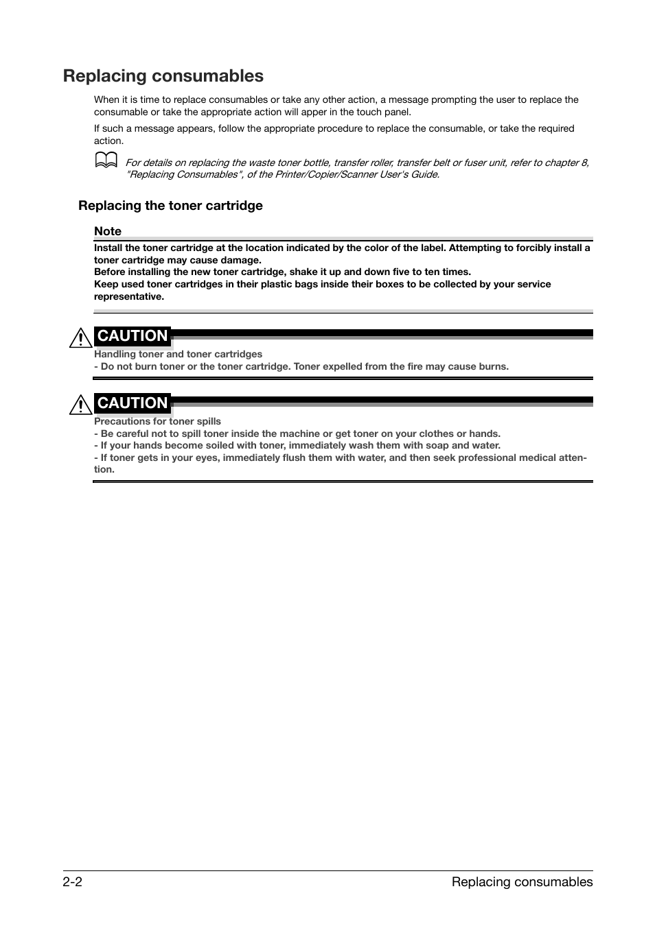 Replacing consumables, Replacing the toner cartridge, Replacing consumables -2 | Replacing the toner cartridge -2, Caution | Konica Minolta bizhub C25 User Manual | Page 10 / 39