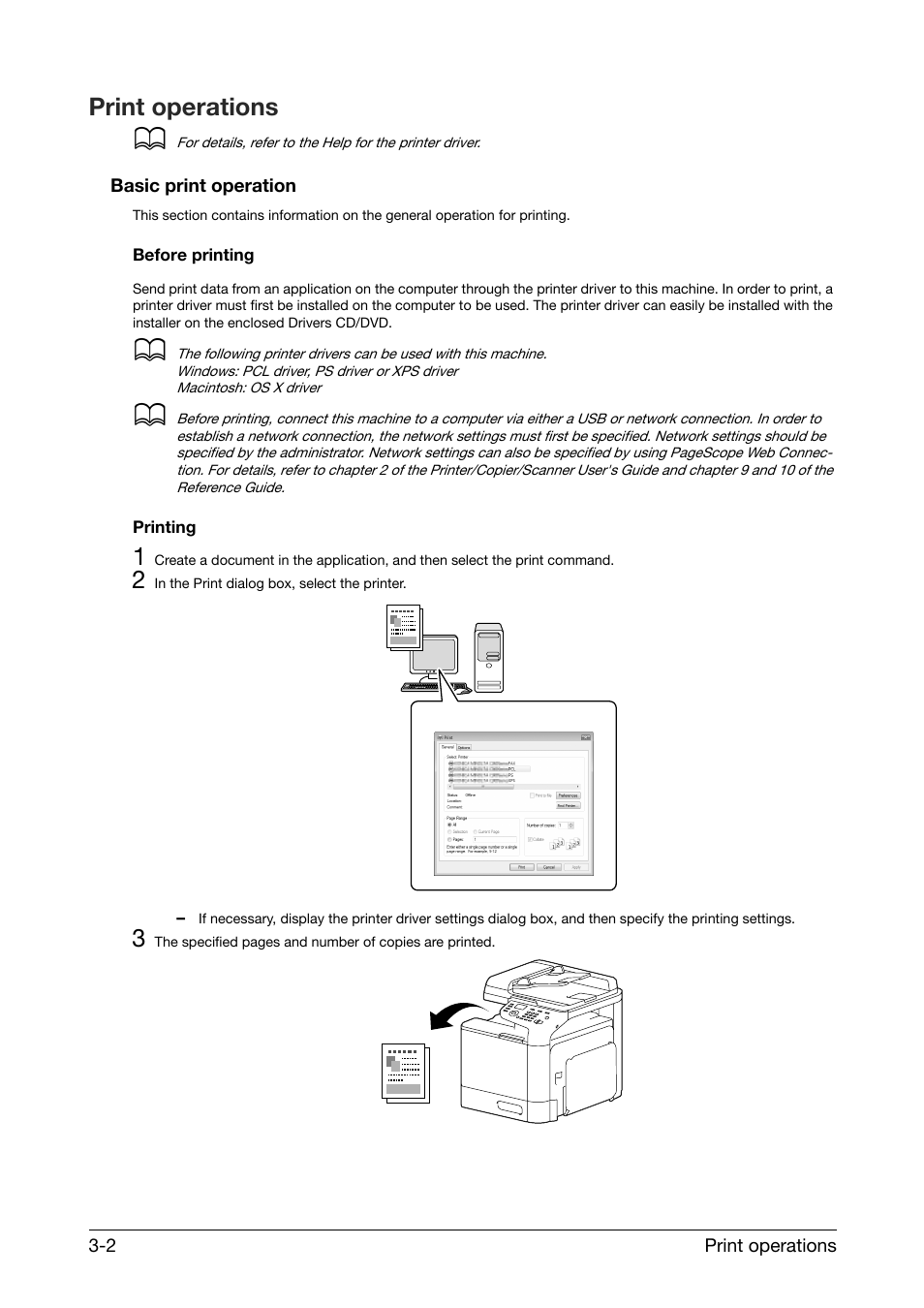 Print operations, Basic print operation, Before printing | Printing, Print operations -2, Basic print operation -2, Before printing -2 printing -2 | Konica Minolta bizhub C25 User Manual | Page 16 / 39