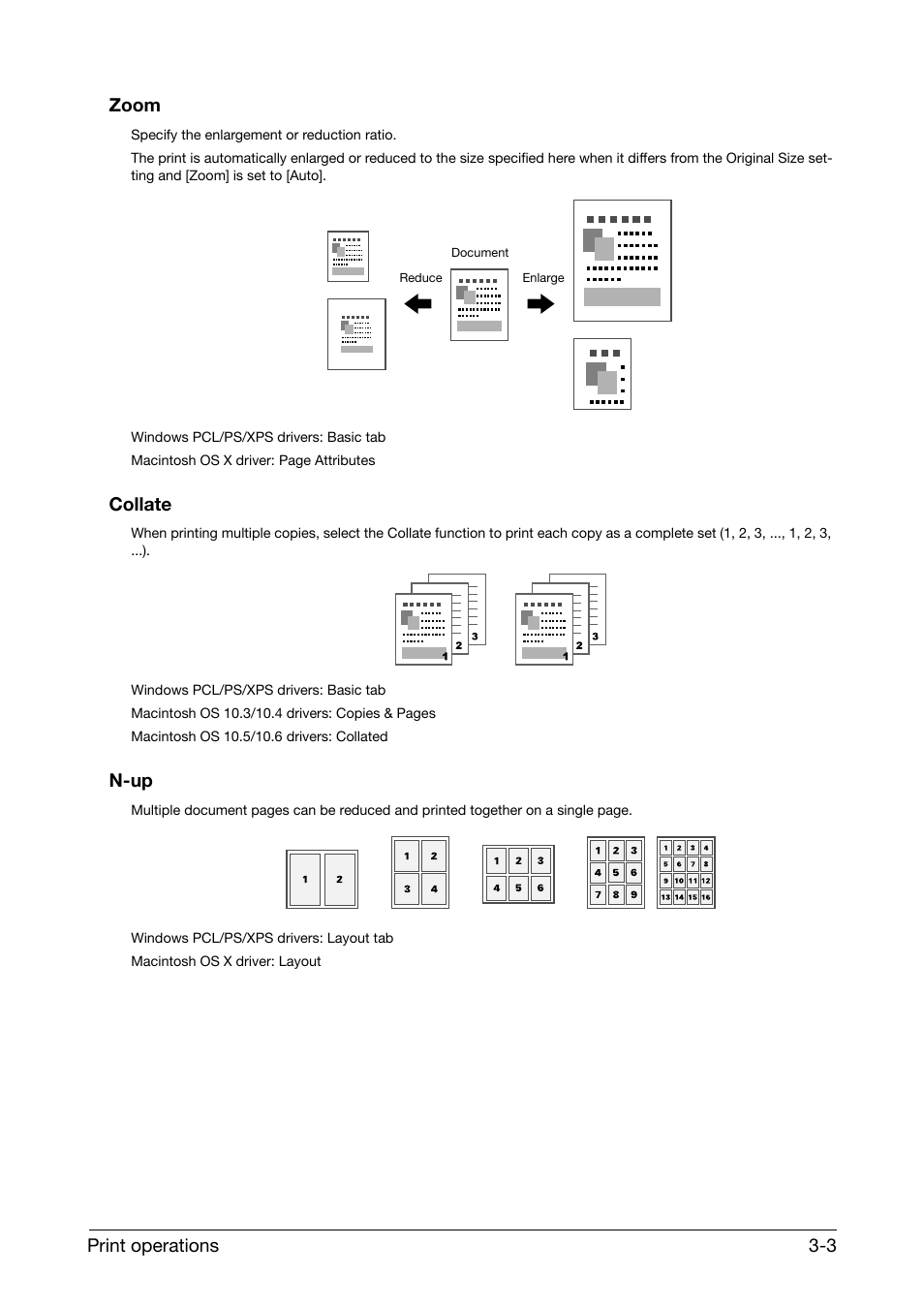 Zoom, Collate, N-up | Zoom -3 collate -3 n-up -3, Print operations 3-3 zoom | Konica Minolta bizhub C25 User Manual | Page 17 / 39