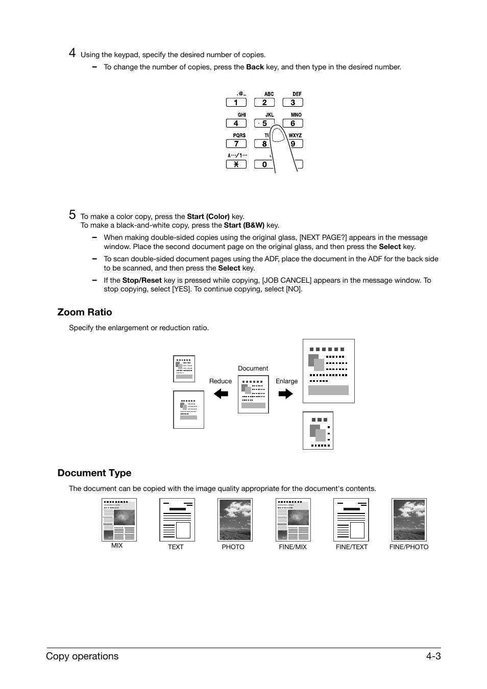 Zoom ratio, Document type, Zoom ratio -3 document type -3 | Copy operations 4-3 | Konica Minolta bizhub C25 User Manual | Page 23 / 39