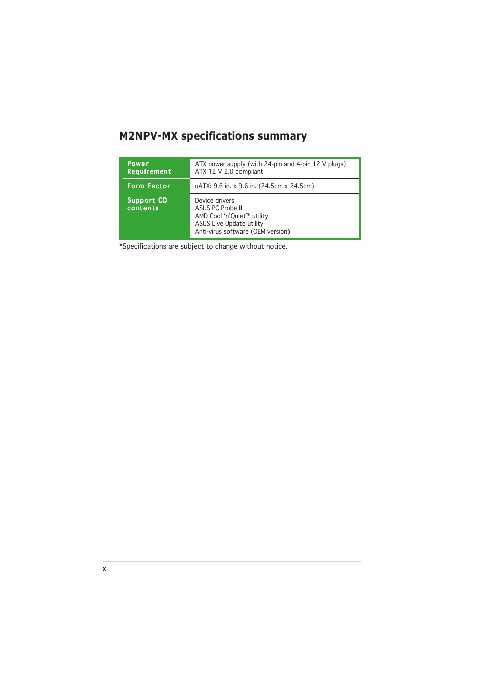 M2npv-mx specifications summary | Asus M2NPV-MX User Manual | Page 10 / 96