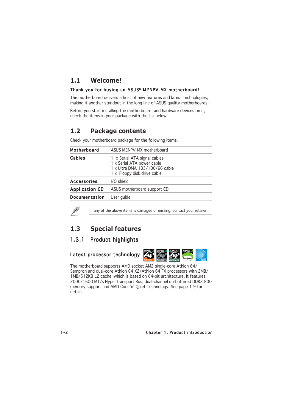1 welcome, 2 package contents, 3 special features | Asus M2NPV-MX User Manual | Page 12 / 96