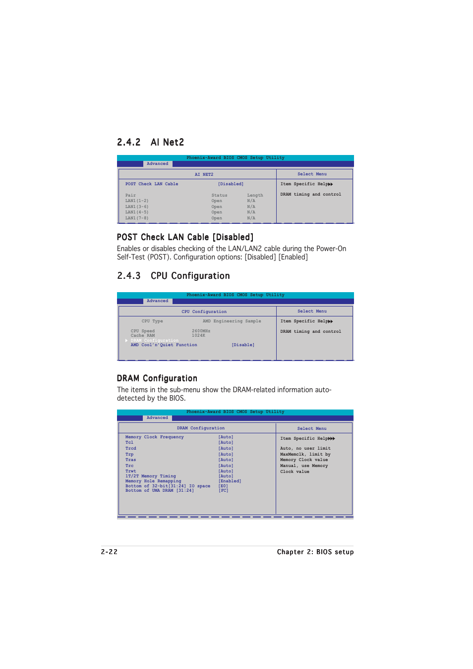 Post check lan cable [disabled, Dram configuration | Asus M2NPV-MX User Manual | Page 66 / 96
