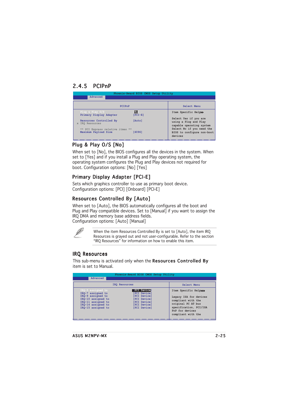 5 pcipnp pcipnp pcipnp pcipnp pcipnp, Plug & play o/s [no, Primary display adapter [pci-e | Resources controlled by [auto, Irq resources | Asus M2NPV-MX User Manual | Page 69 / 96