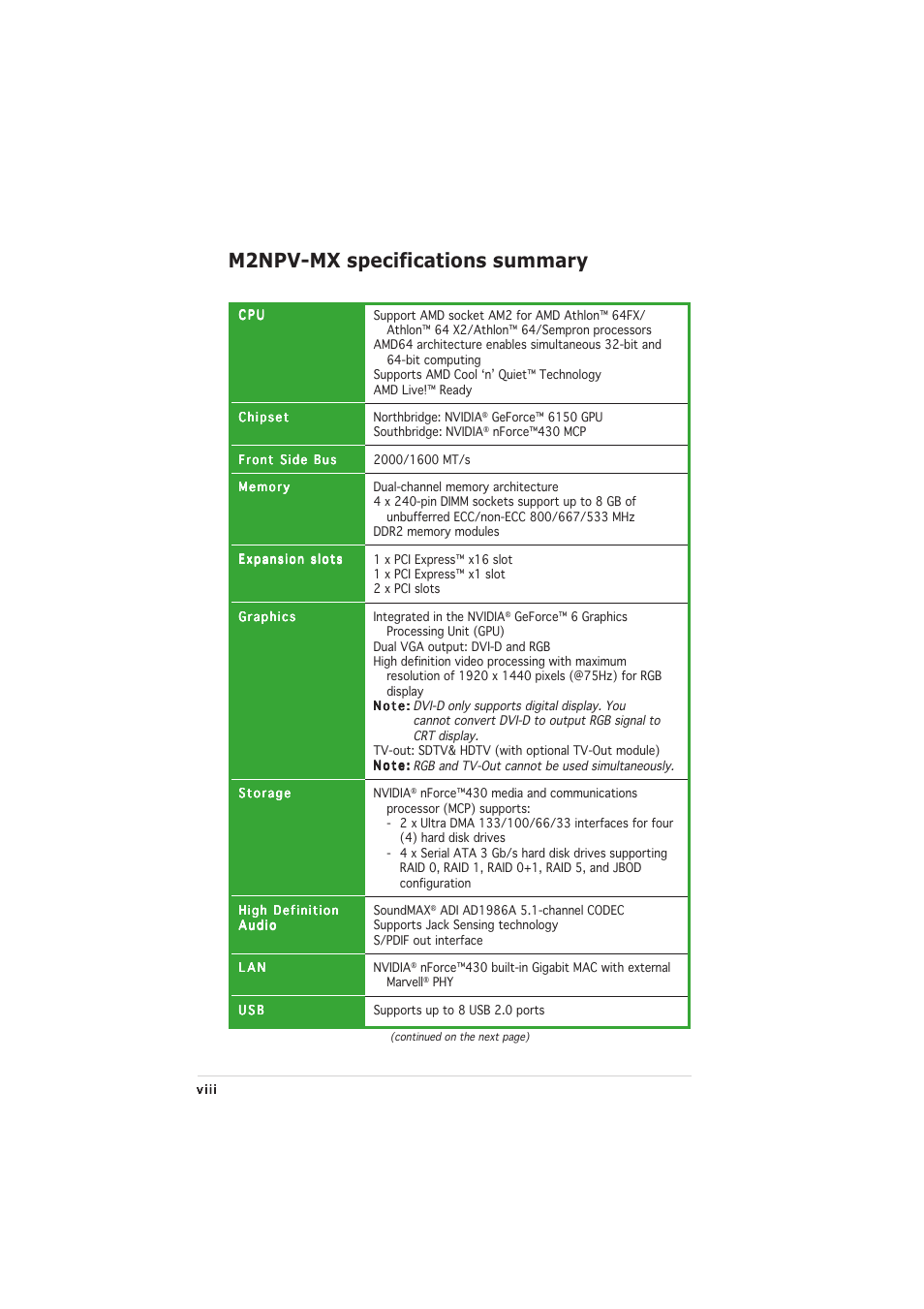 M2npv-mx specifications summary | Asus M2NPV-MX User Manual | Page 8 / 96
