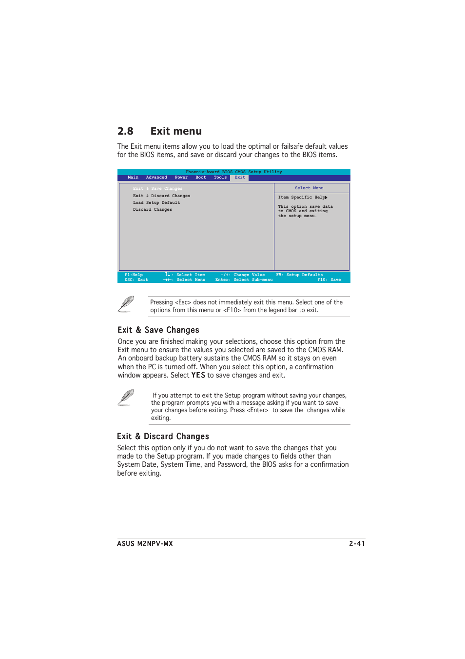 8 exit menu, Exit & save changes, Exit & discard changes | Asus M2NPV-MX User Manual | Page 85 / 96