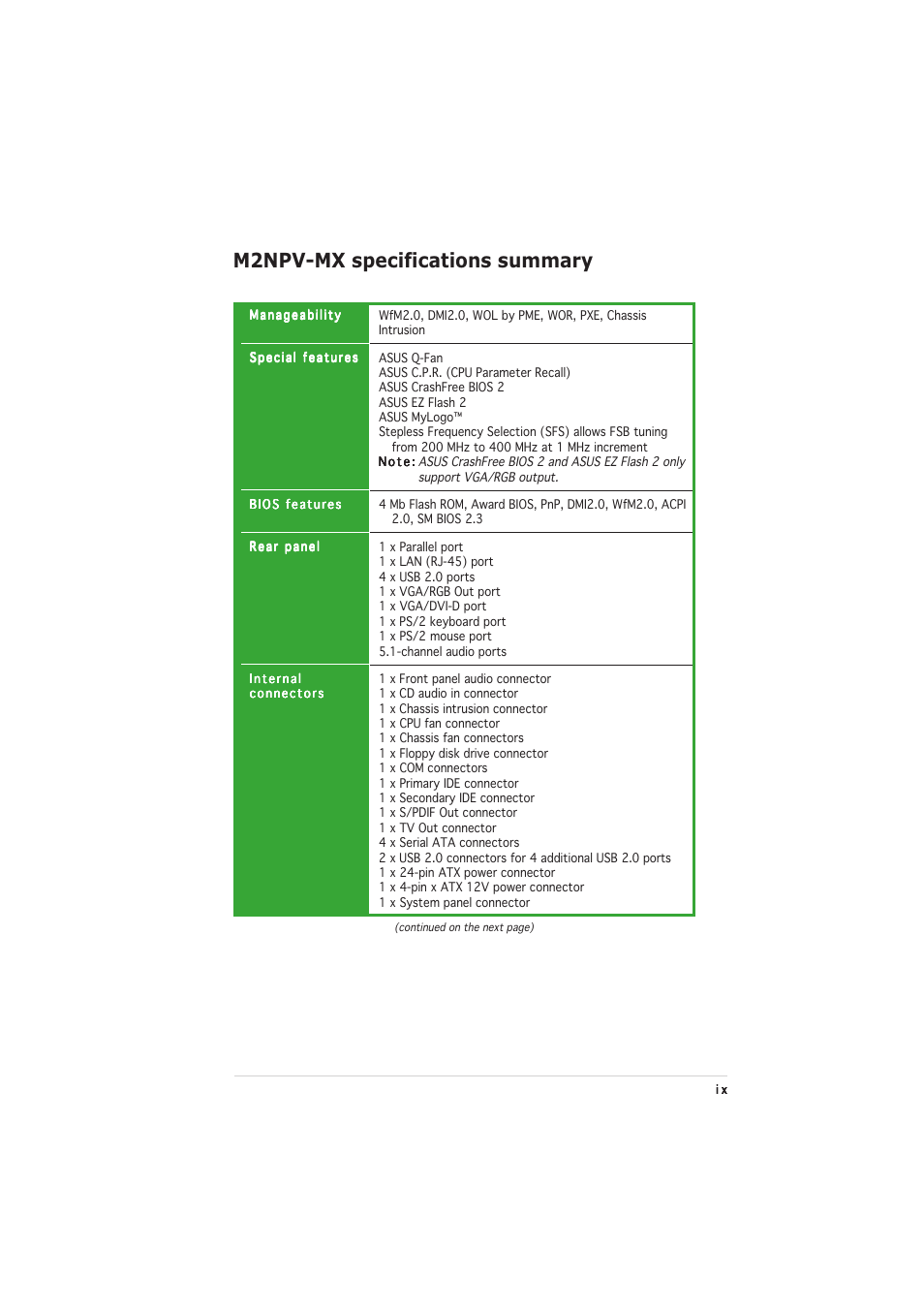 M2npv-mx specifications summary | Asus M2NPV-MX User Manual | Page 9 / 96