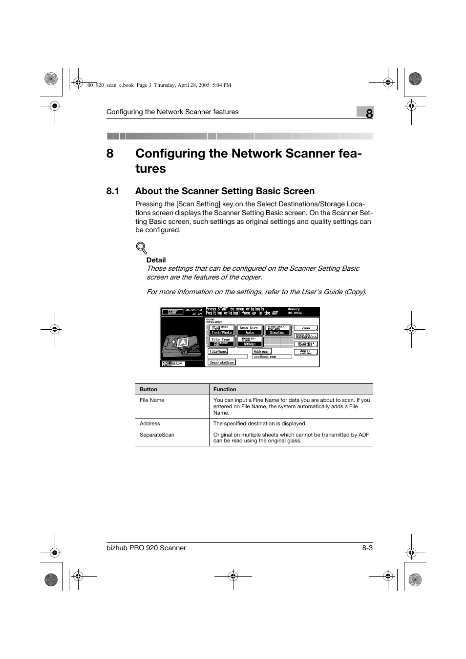 Configuring the network scanner features, 1 about the scanner setting basic screen, 8configuring the network scanner fea- tures | Konica Minolta bizhub PRO 920 User Manual | Page 124 / 178