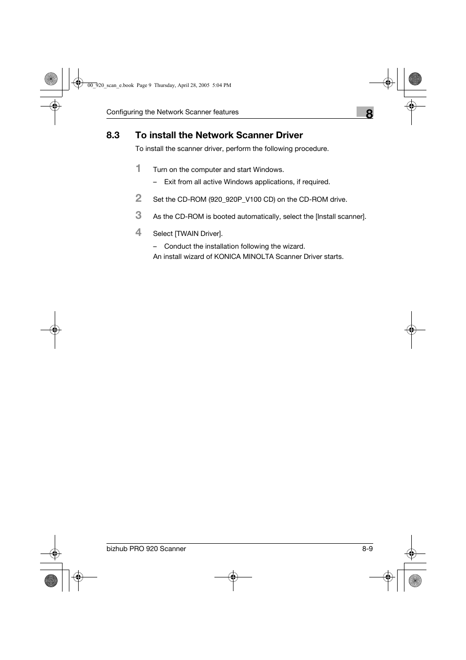 3 to install the network scanner driver | Konica Minolta bizhub PRO 920 User Manual | Page 130 / 178