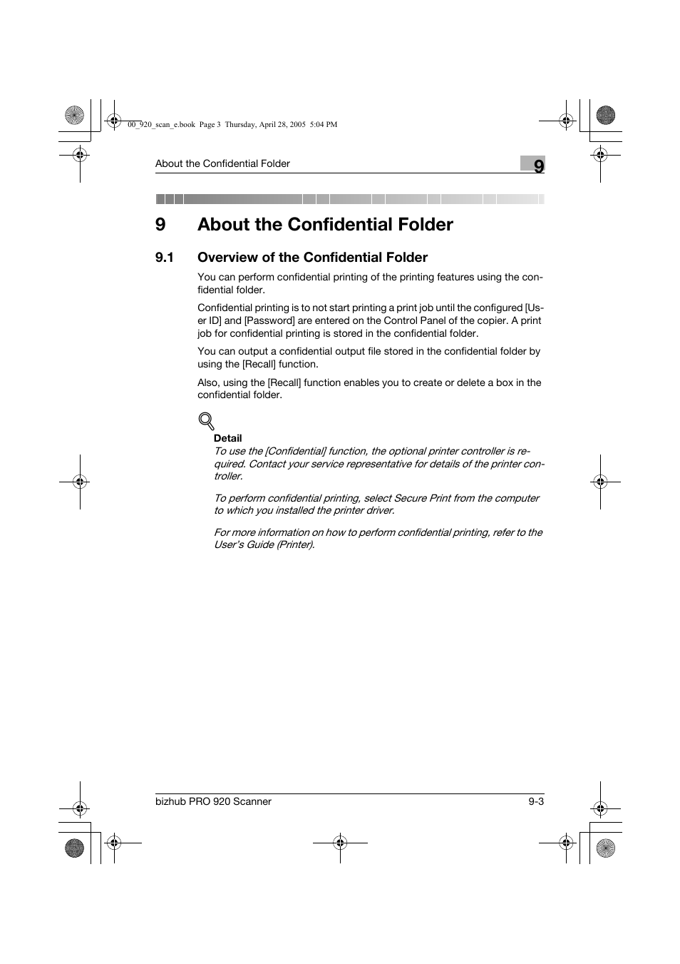 About he confidential folder, 1 overview of the confidential folder, 9about the confidential folder | Konica Minolta bizhub PRO 920 User Manual | Page 142 / 178