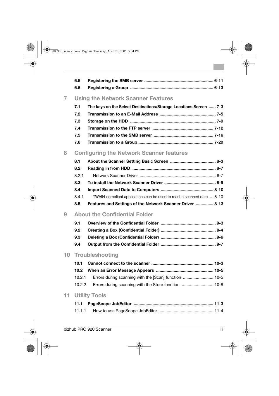 7using the network scanner features, 8configuring the network scanner features, 9about the confidential folder | 10 troubleshooting, 11 utility tools | Konica Minolta bizhub PRO 920 User Manual | Page 4 / 178