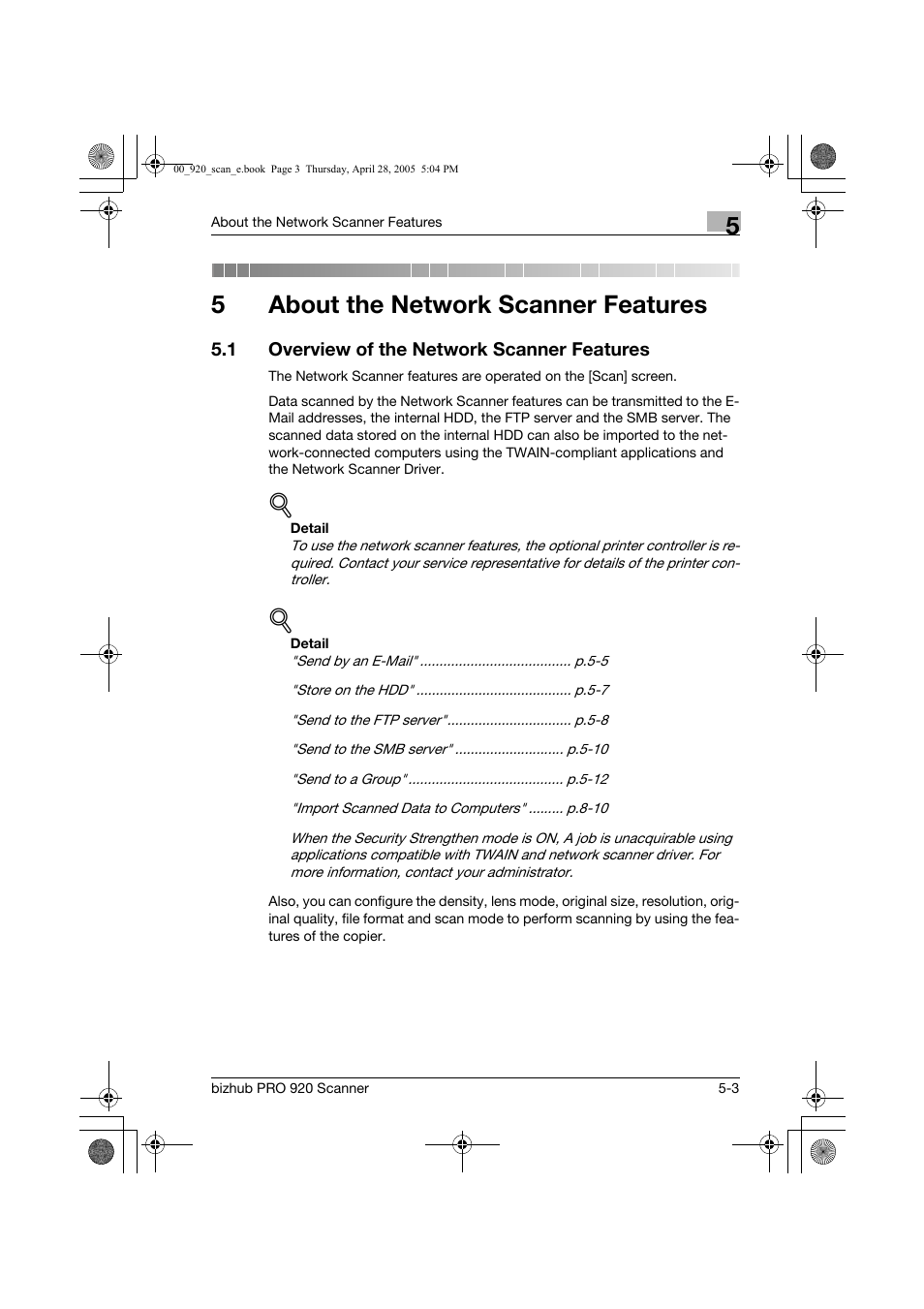 About the network scanner features, 1 overview of the network scanner features, 5about the network scanner features | Konica Minolta bizhub PRO 920 User Manual | Page 74 / 178